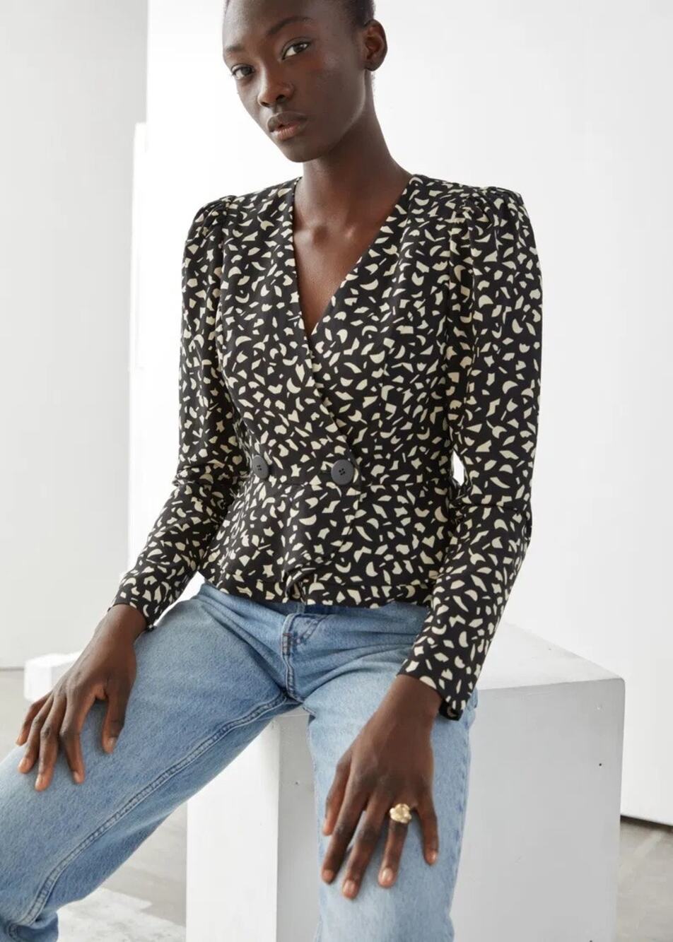 NEW & Other Stories Black White Long Puff Sleeve Button Peplum Wrap Blouse Top 4